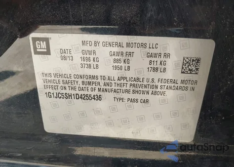 2013 Chevrolet Sonic Lt Auto из США, поврежденный, VIN 1G1JC5SH1D4255436